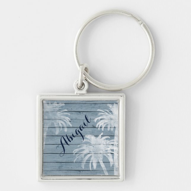 Personalised Palm Trees on Rustic Wood Beach Key Ring (Front)