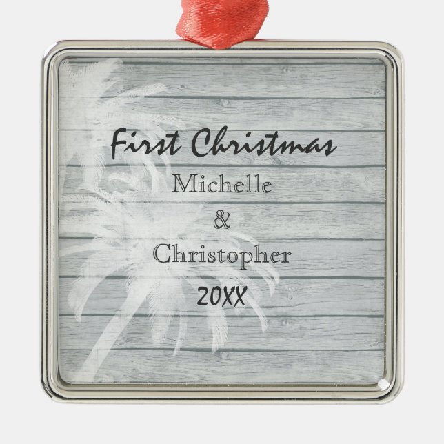 Personalised Palm Trees ~ Wood Beach 1st Christmas Metal Tree Decoration (Front)