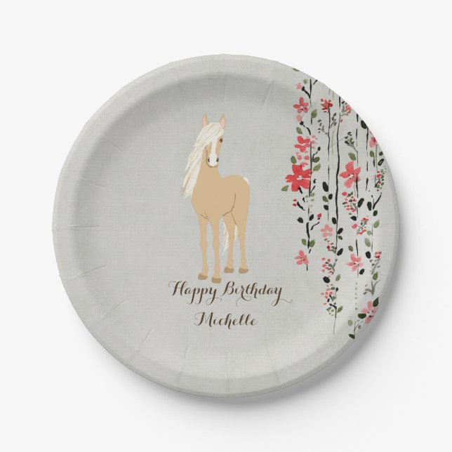 Personalised Palomino Pony Flowers Horse Birthday Paper Plate (Front)