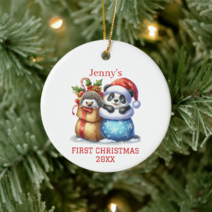Personalised Panda Bear and Hedgehog Cub Christmas Ceramic Tree Decoration