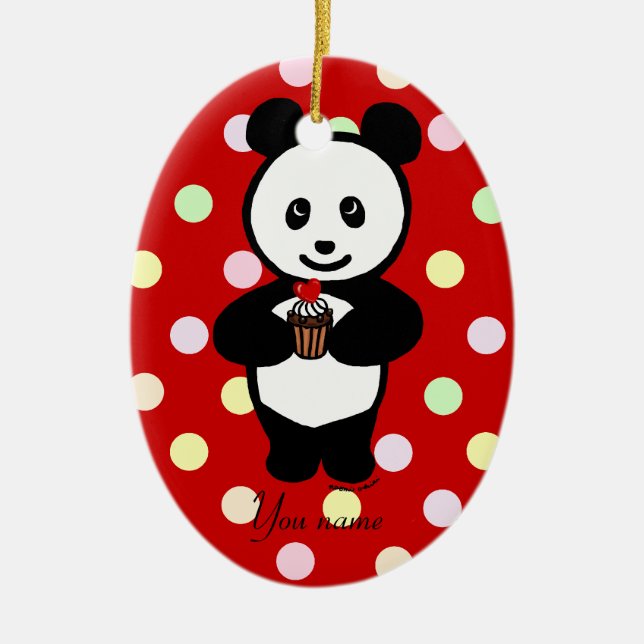 Personalised Panda Cartoon and Polka Dots Ceramic Tree Decoration (Front)