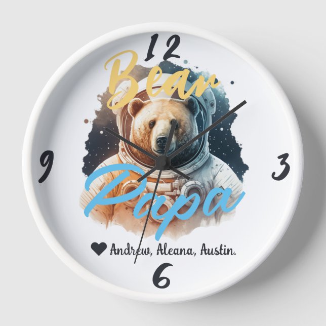 Personalised Papa Bear Simple chic Names Astronaut Clock (Front)