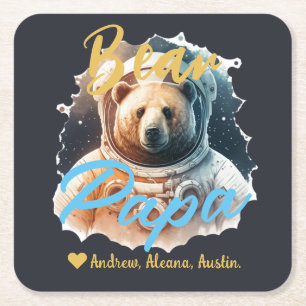Personalised Papa Bear Simple chic Names Astronaut Square Paper Coaster