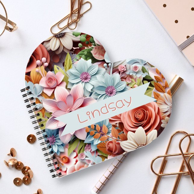 Personalised Paper Flowers spiral bound heart Notebook (Creator Uploaded)