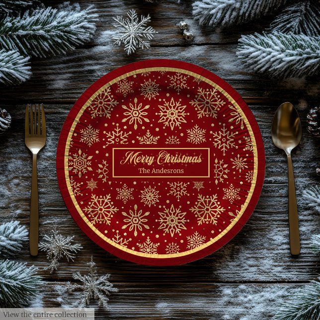 Personalised Paper Plates Red Gold Luxe Christmas  (Personalized Paper Plates Red Gold Luxe Christmas Style)