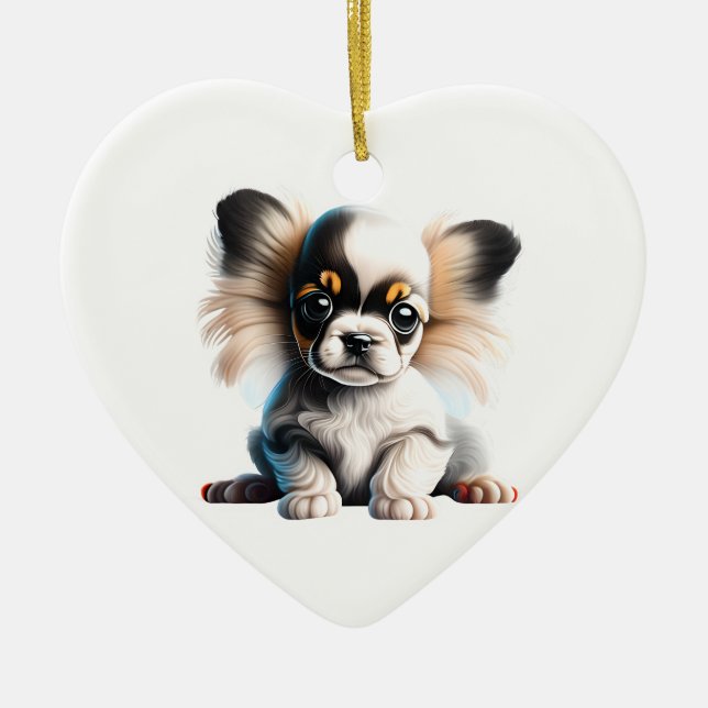Personalised Papillon Puppy Ceramic Tree Decoration (Front)