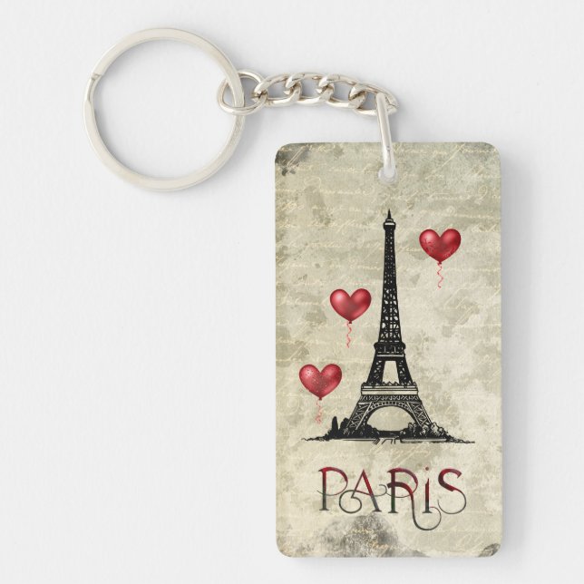 Personalised Paris, Eiffel Tower and Red Balloons  Key Ring (Front)