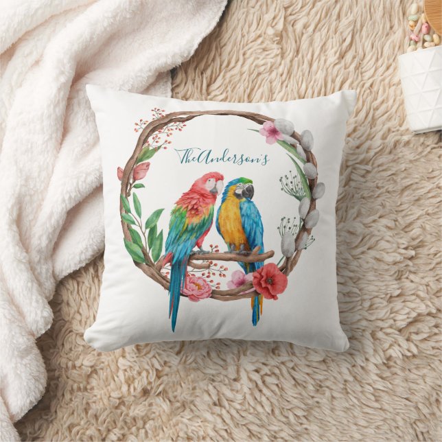 Personalised Parrots Macaw Birds Colourful Floral Cushion (Blanket)