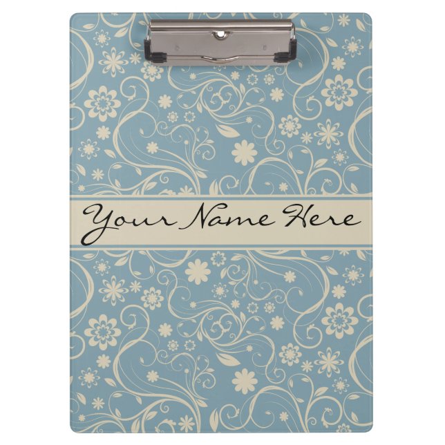 Personalised Pastel Blue and Taupe Floral Pattern Clipboard (Front)