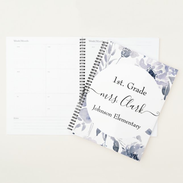 Personalised pastel blue floral teacher lesson planner (Display)