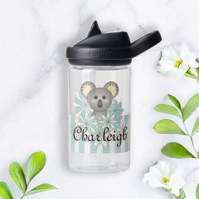 Personalised Pastel Blue Stripe Cute Koala Kids Water Bottle (Creator Uploaded)