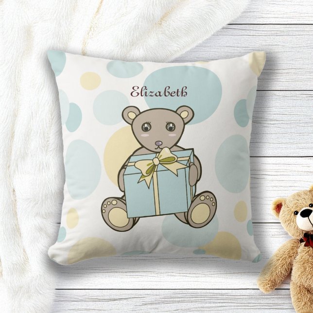 Personalised Pastel Blue Yellow Cute Teddy Bear Cushion (Creator Uploaded)