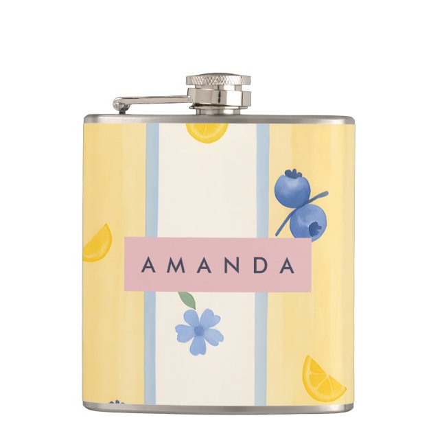 Personalised Pastel Blueberry & Lemon Pattern Hip Flask (Front)