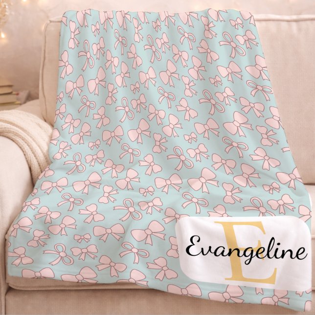 Personalised Pastel Bow Aesthetic Pattern Pink Blu Fleece Blanket (Creator Uploaded)