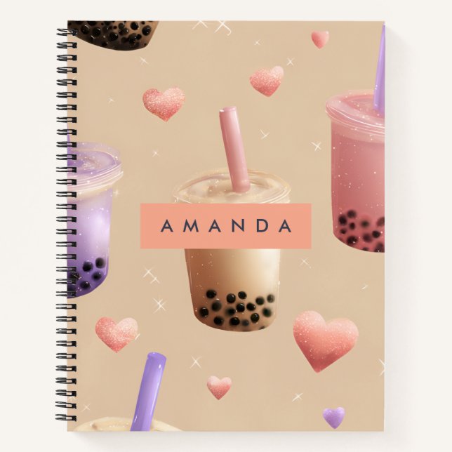 Personalised Pastel Bubble Tea Pattern Notebook (Front)