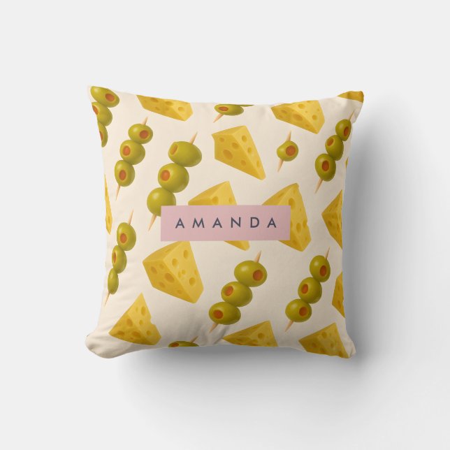 Personalised Pastel Cheese and Olive Pattern Cushion (Front)