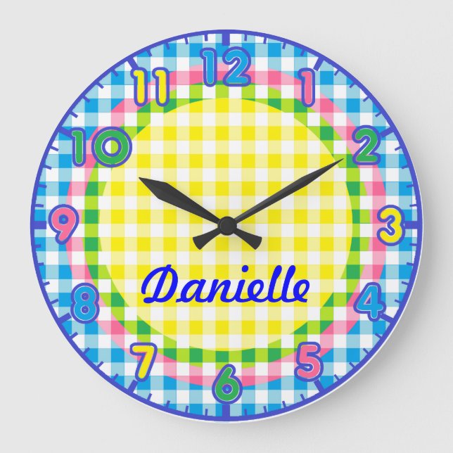 Personalised Pastel Chequered Kids Clock w/numbers (Front)