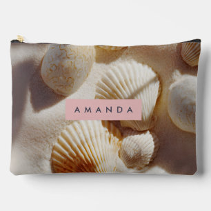 Personalised Pastel Coastal Seashells on Sand Accessory Pouch