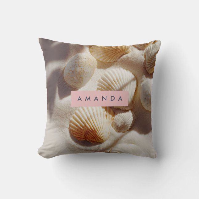 Personalised Pastel Coastal Seashells on Sand  Cushion (Front)
