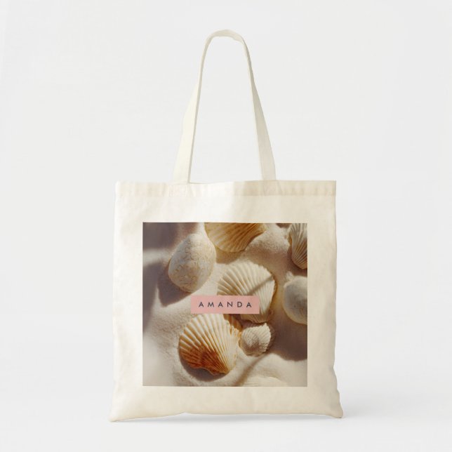 Personalised Pastel Coastal Seashells on Sand  Tote Bag (Front)
