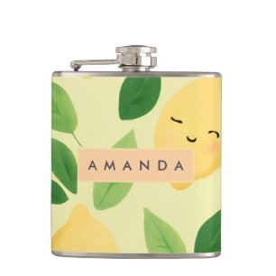 Personalised Pastel Cute Smiling Lemon Pattern Hip Flask
