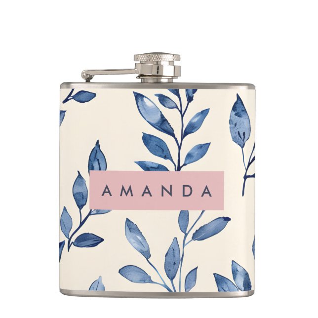 Personalised Pastel Elegant Blue Leaf  Hip Flask (Front)