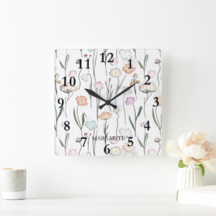 Personalised Pastel Flowers on White Square Wall Clock
