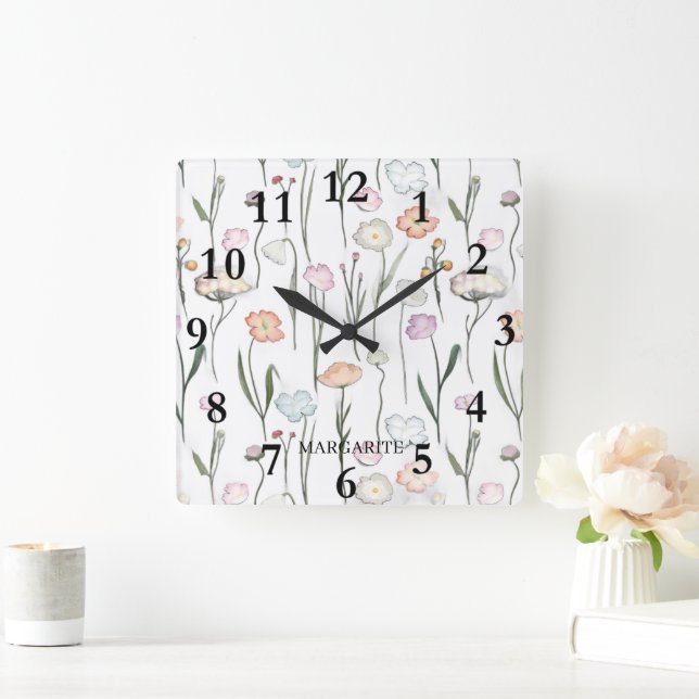 Personalised Pastel Flowers on White Square Wall Clock (Home)