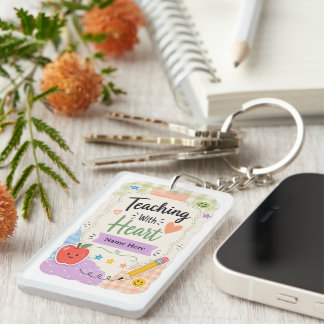 Personalised Pastel Gingham Teaching With Heart  Key Ring