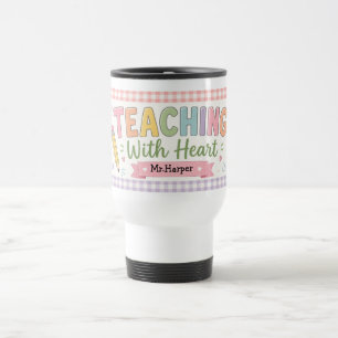 Personalised Pastel Gingham Teaching With Heart Travel Mug