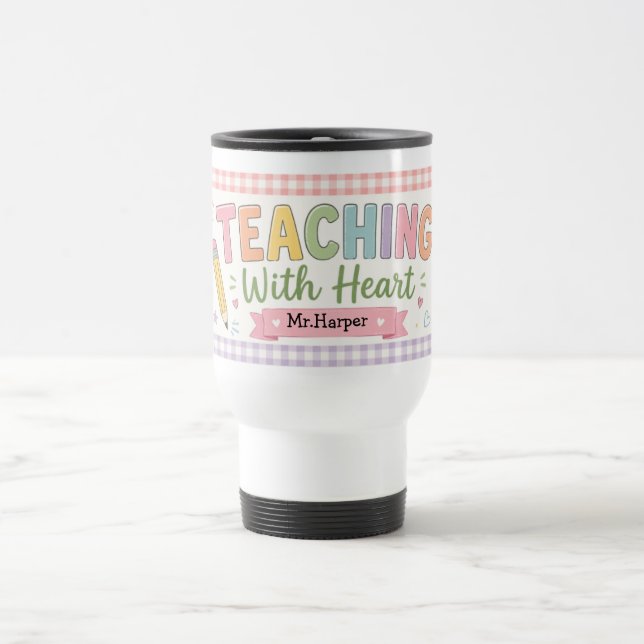  Personalised Pastel Gingham Teaching With Heart Travel Mug (Center)