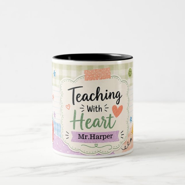  Personalised Pastel Gingham Teaching With Heart Two-Tone Coffee Mug (Center)