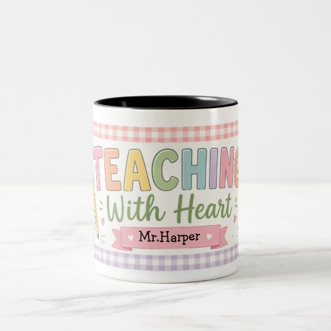  Personalised Pastel Gingham Teaching With Heart Two-Tone Coffee Mug (Center)
