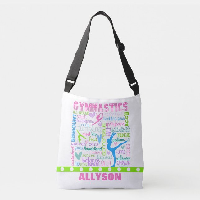 Personalised Pastel Gymnastics Words Typography Crossbody Bag (Front)