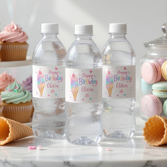 Personalised Pastel Ice Cream Birthday  Water Bottle Label (Creator Uploaded)