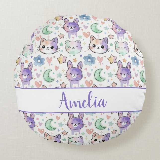 Personalised Pastel Kawaii Animal Round Cushion (Front)