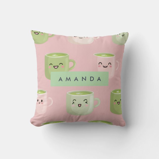 Personalised Pastel Kawaii Matcha Tea Pattern Cushion (Front)