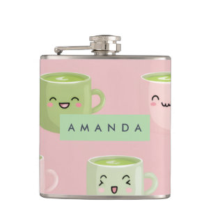 Personalised Pastel Kawaii Matcha Tea Pattern Hip Flask