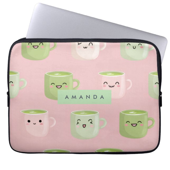Personalised Pastel Kawaii Matcha Tea Pattern Laptop Sleeve (Front)