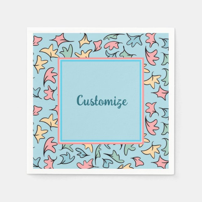 Personalised Pastel Leaves Blue Napkin (Front)