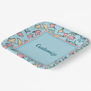Personalised Pastel Leaves Blue Paper Plate