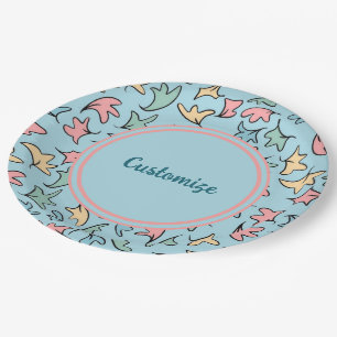 Personalised Pastel Leaves Blue Paper Plate