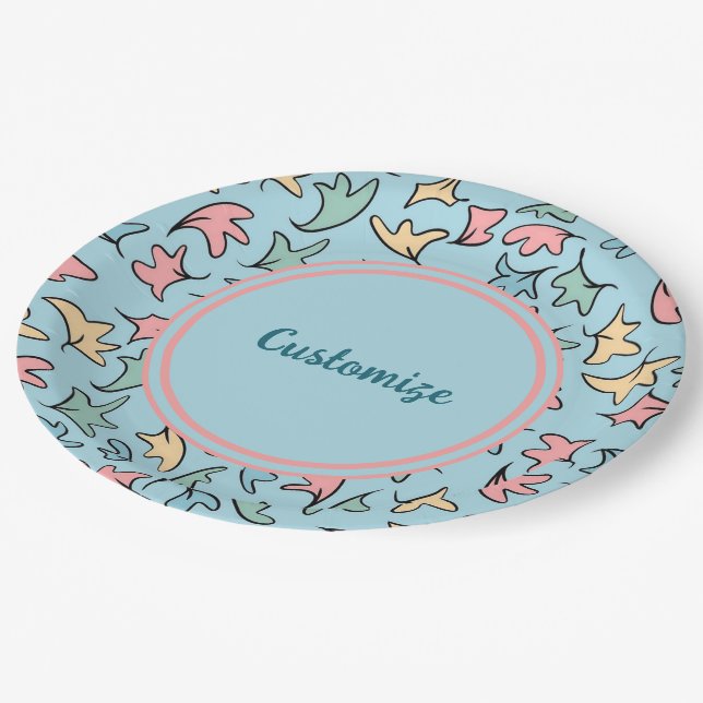 Personalised Pastel Leaves Blue Paper Plate (Angled)