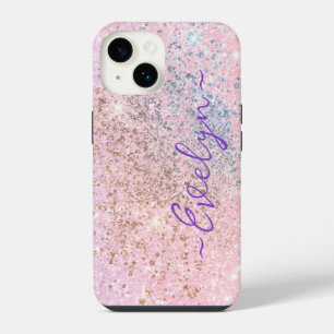 Personalised pastel pink blue glitter iPhone 14 case