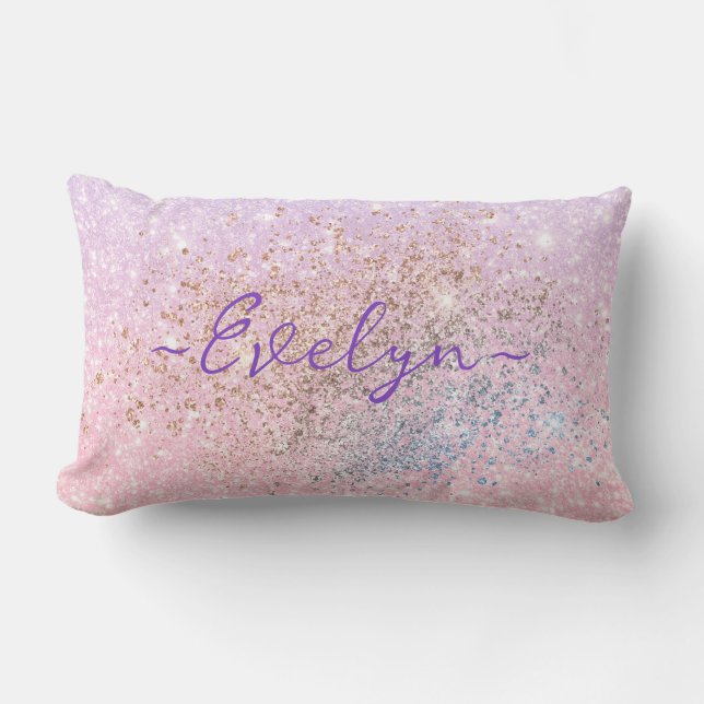 Personalised pastel pink blue glitter lumbar cushion (Front)