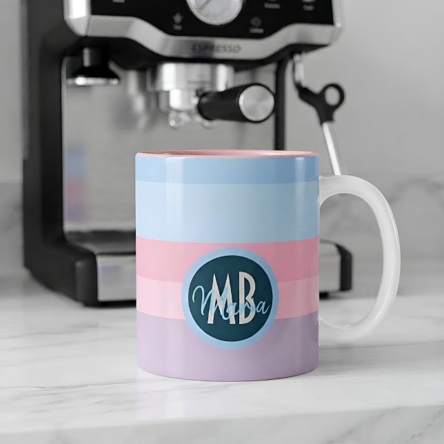 Personalised Pastel Pink Blue Stripes Name Gift Two-Tone Coffee Mug (Creator Uploaded)