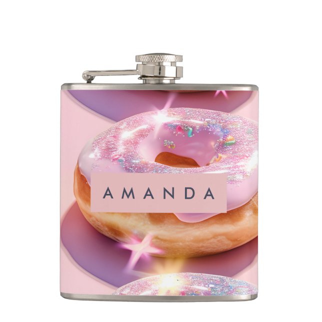 Personalised Pastel Pink Doughnut Sparkle Hip Flask (Front)