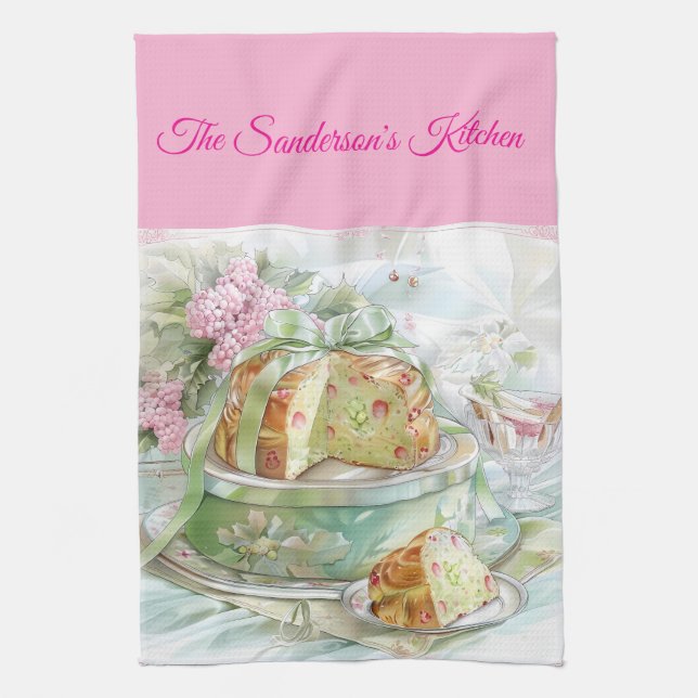 Personalised Pastel Pink & Green Christmas Kitchen Tea Towel (Vertical)
