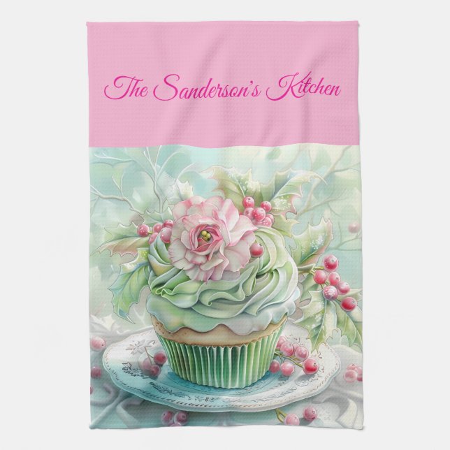 Personalised Pastel Pink & Green Christmas Kitchen Tea Towel (Vertical)