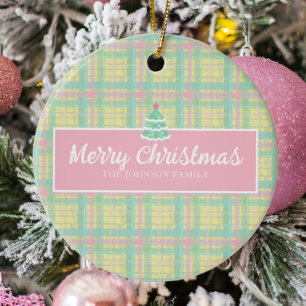 Personalised Pastel Plaid Christmas Ceramic Tree Decoration